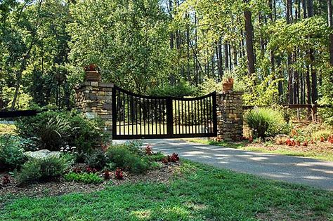 Gated-Entrance example, this is what I want my gate and columns to look like at the field where I want to use the Auto gate opener.  Need estimate on this. Gate Landscaping, Driveway Decor, House Driveway, Farm Gates Entrance, Gated Driveway, Ranch Entrance, Entrance Landscaping, Beautiful Driveways, Gated Entrance