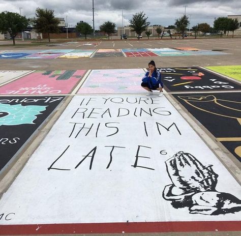 Highschool Parking Spot Ideas, Parking Lot Painting, Parking Spot Painting, Spot Painting, Senior Pranks, School Painting, Space Painting, Senior Guys, Fantasy Magic