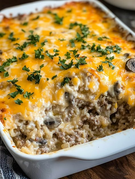 Beef and Rice Casserole French Onion Beef Rice Casserole, Hamburg And Rice Recipes, Beef Rice Casserole Recipes, Hamburger Meat And Rice Recipes Easy, Rice And Hamburger Casserole, Ground Beef Recipes With Rice, Cheeseburger Rice Casserole, Rice And Beef Recipes, Hamburger Rice Hotdish