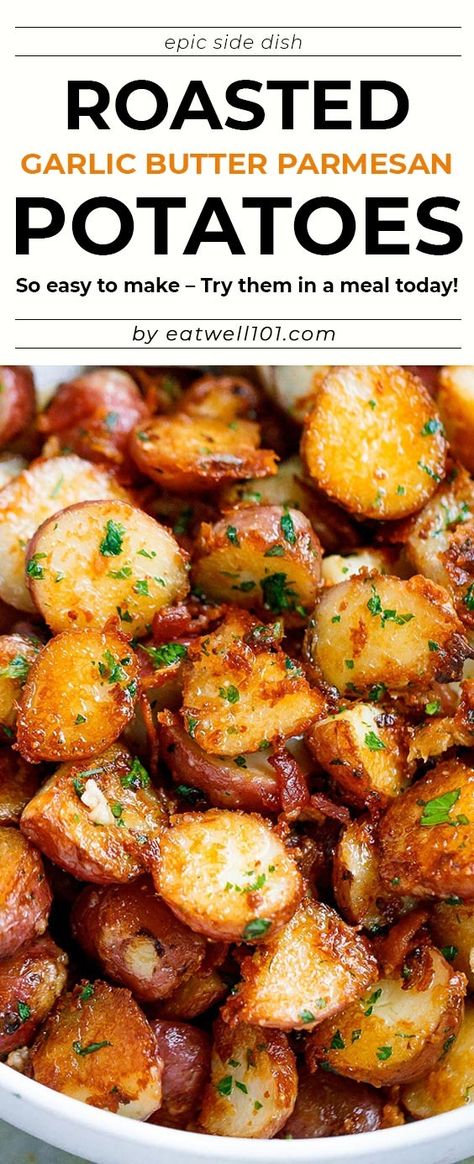 Roasted Garlic Butter Parmesan Potatoes Recipe - #eatwell101 #recipe #poatoes #sidedish - These epic roasted potatoes with garlic butter parmesan are perfect side for your meal! - #recipe by #eatwell101® Roasted Garlic Butter Parmesan Potatoes, Garlic Butter Parmesan Potatoes, Butter Parmesan Potatoes, Roasted Garlic Butter, Parmesan Potato Recipe, Easy Roasted Potatoes, Garlic Parmesan Potatoes, Parmesan Roasted Potatoes, Potatoes In Oven