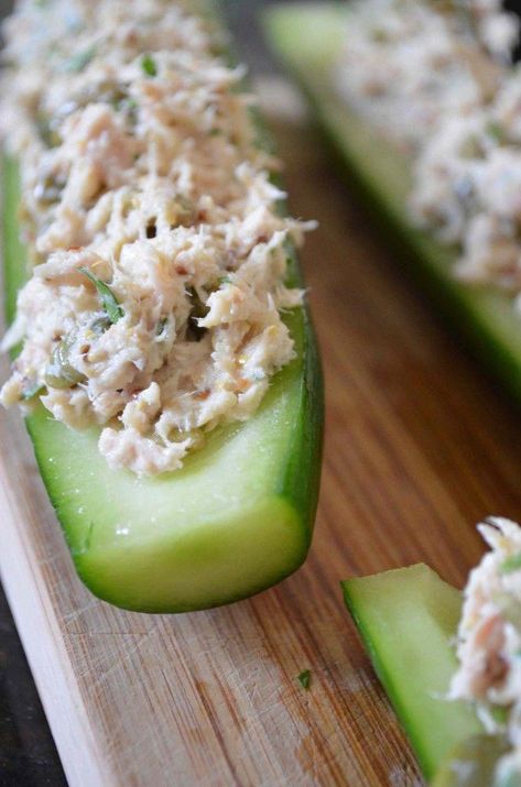 Tuna Salad Stuffed Cucumbers — From Scratch with Maria Provenzano #HowToEatHealthyFood Stuffed Cucumbers, Best Tuna Salad Recipe, Healthy Foods To Make, Healthy Food Menu, Lost 100 Pounds, Healthy Food Facts, Quit Drinking, Smoothie Diet Plans, Recipes Appetizers And Snacks