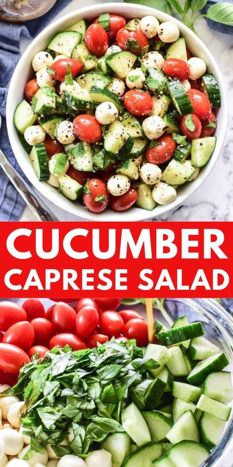 Switch up your caprese salad with the addition of cucumbers! This Cucumber Caprese Salad is light, flavorful, and perfect for summer. One of our favorite ways to use all those fresh garden veggies! Cucumber Tomato Salad With Mozzarella, Caprese Lunch Ideas, Dinner Salad Recipes Side Dishes, Fresh And Healthy Recipes, Bacon Cucumber Tomato Salad, Quick Salads For Parties, Dinner Side Salads, Type Of Salads, Cucumber Salad With Tomatoes