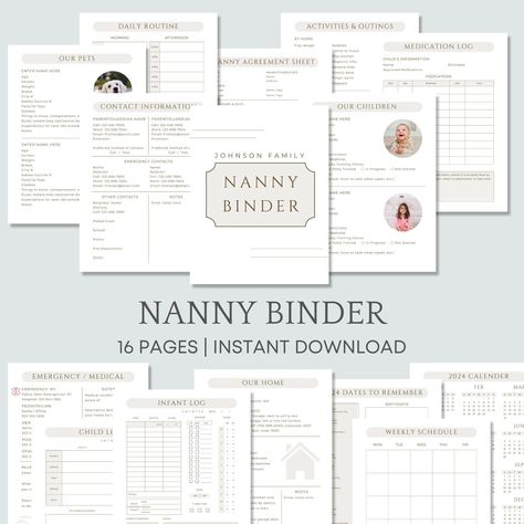 Editable Nanny Binder, Printable Nanny Planner Template, Nanny Notes, Infant Log, Emergency Contacts, Babysitter Info, Nanny Agreement Forms Medical Consent Form Children, Nanny Binder, Babysitter Checklist, Child Travel Consent Form, Nanny Contract, Die Nanny, Daily Routine Activities, Binder Templates, Medication Log