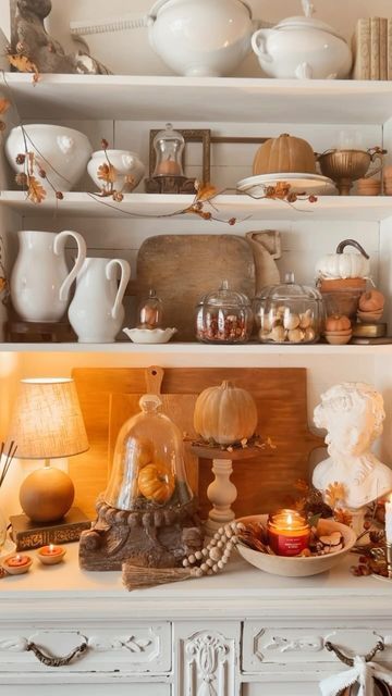 SJ on Instagram: "Hello friends♥️  A look at last year’s fall hutch…  I always love looking back and getting inspired as I’m working on this year’s fall decor. I must say, it’s coming along slowly but it’s part of the fun, isn’t it?  Hope you an amazing week ahead♥️ . . . . . . . . . . . #hutchdecor #falldecorating #falldecorinspo #seasonaldecor #woodsandwhites #cottagehomedecor #cozyhome #cosyliving #autumndecor #thecottagejournal #cottagestyledecor #pumpkindecor #simplehomestyle" Fall Hutch Decor Ideas, Fall Hutch Decor, Fall Shelf Decor Ideas, Fall Shelf Decor, Fall Decor Kitchen, Autumn Kitchen Decor, Autumn Kitchen, Thanksgiving Kitchen, Hutch Decor