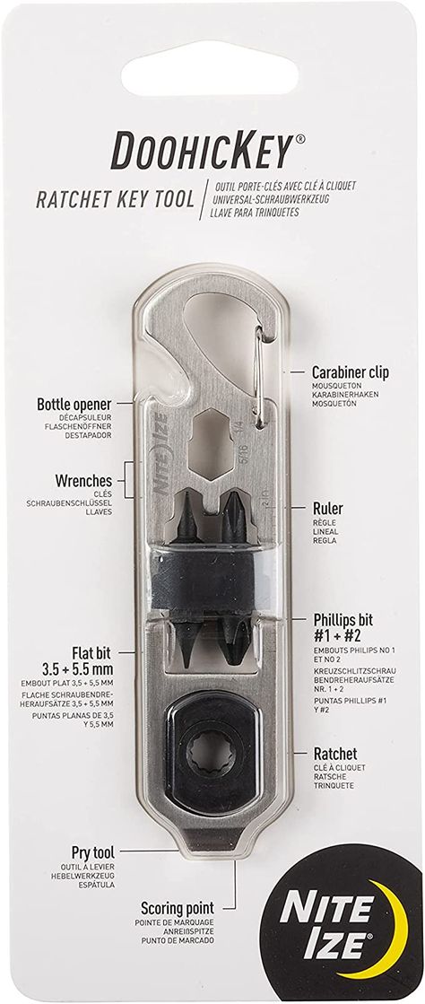 Nite Ize KMTRT-11-R3 DoohicKey, Ratchet with Flathead and Phillips Bits, 6-in-1 Multitool with Bottle Opener and More Key Tool, Stainless - - Amazon.com 72 Hour Kit, Keychain Multitool, Nite Ize, Pocket Tool, Tools Hardware, Carabiner Clip, Save Power, Socket Wrenches, Multi Tool