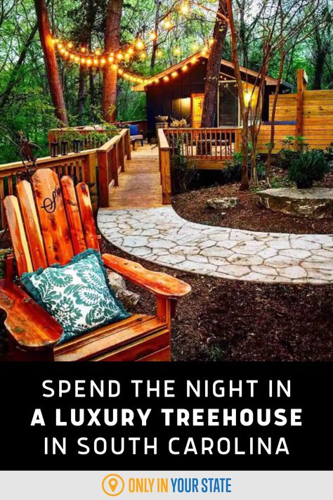 Enjoy a relaxing or romantic getaway at this luxury treehouse in Columbia, South Carolina. It's the perfect for a unique vacation surrounded by nature, with amenities like a hot tub, indoor fireplace, full kitchen, air conditioning, and WiFi! Add this beautiful spot to your travel bucket list. Luxury Treehouse, Luxury Tree Houses, Diy Garden Landscaping, Creative Garden Decor, Cool Tree Houses, Vacation Cabin, Garden Decor Projects, Indoor Fireplace, Small Yard