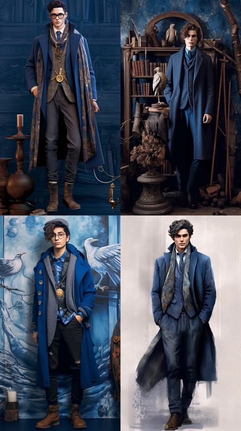 Hot Librarian Style Men, Harry Potter Outfits Men, Beauxbatons Uniform Male, Ravenclaw Outfit Men, Harry Potter Wizard Fashion, Lunar Punk, Harry Potter Ravenclaw Outfits, Harry Potter Inspired Outfits, Ravenclaw Costume