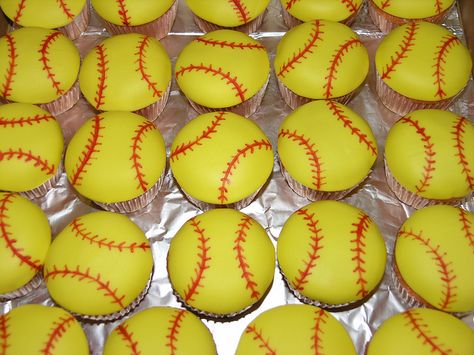 Softball Cupcakes Softball Birthday Cakes, Softball Cakes, Softball Cupcakes, Softball Treats, Softball Party Ideas, Softball Cake, Softball Senior Night, Softball Birthday Parties, Softball Birthday