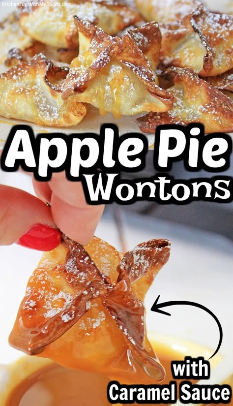 Air Fryer Carmel Apple Wonton, Apple Wontons With Caramel Dipping Sauce, Wonton Desserts Air Fryer, Nutella Wontons Air Fryer, Apple Pie Wontons Baked, Apple Pie Wontons Air Fryer, Mini Orderves, Eggroll Wrapper Dessert Recipes, Wonton Wrappers Air Fryer