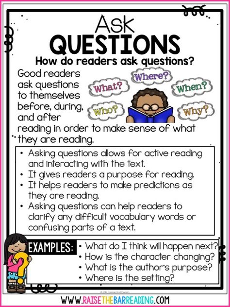 Teaching Reading Comprehension Strategies: Asking Questions & QAR Strategy - Raise the Bar Reading Questioning Reading Strategy, Asking Questions Anchor Chart, Anchor Charts Reading, Teaching Third Grade Reading, Reading Strategy Bookmarks, Raise The Bar Reading, Reading Strategies Anchor Charts, Reading Strategies Posters, Teaching Reading Comprehension