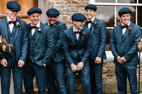 Groom Groomsmen Suits Bow Ties Flat Caps Baker Boy Hats Waistcoats Peaky Blinders Dewsall Court Wedding Oobaloos Photography  #Groom #Groomsmen #WeddingSuits #BowTies #FlatCaps #BakerBoyHats #Waistcoats #PeakyBlinders #Wedding 1920s Mens Wedding Suit, 1920 Groomsmen Attire, Tommy Shelby Wedding Suit, Groom Hat Wedding, Peaky Blinders Wedding Suits, Groomsmen Peaky Blinders, Peaky Blinders Style Wedding, Wedding Hats For Groom, Pesky Blinder Wedding