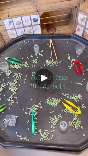 16K views · 348 reactions | An Evil Pea inspired fine motor tuff tray this week! It’s a messy one but boy has it been popular 👏🏻 
Pick up the peas with the tweezers and put them in the pots. How high can you count? Do you have more or less than your friend? Can you find the biggest/smallest pea? Which pot holds the most/least? - soooooo many maths skills here too! 🫛

#ReceptionTeacher #Supertato #AllAboutEarlyYears #PassionForProvision #MagicOfProvision #EarlyYearsPlayShare #TuffyTuesdays #TuffTray #TuffTrayIdeas #TuffTrayPlay | Miss LVT | Welshy · Feel People Who Help Us, Tuff Tray, Sensory Bottles, Fine Motor Activities, Motor Activities, Bottle Bag, Math Skills, Tweezers, Fine Motor