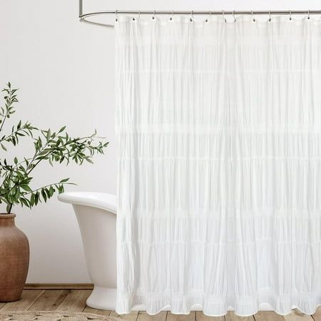 Our Seasonwood cotton shower curtain is easy care,just machine washes cold, gently and separately.The ruffles and tassels are just the right amount of embellishment without the need for different colors and patterns. It's made of high-quality cotton so it's soft and durable, and the entire shower curtain is moderately heavy, not light or heavy.The Striped design of pinched pleat by hand adds a sophisticated and romantic look to your bathroom, it looks great in any bathroom. Size: 72" x 72".  Col Shower Curtain Cute, White Shower Curtain Bathroom, Shower Curtain Farmhouse, Random Decor, Curtains For Bathroom, College House, Farmhouse White, Cotton Shower Curtain, Bathroom Size