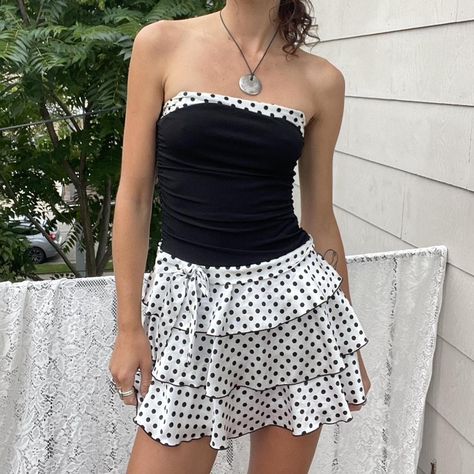 y2k polka dot dress  black & white, ruffled skirt,... - Depop White Ruffled Skirt, Polka Dot Dress Black, White Ruffle Dress, Polka Dots Fashion, Ruffled Skirt, Sewing Class, Black N White Dress, Ruffle Skirt, Polka Dot Dress