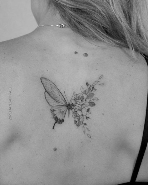 Butterfly And Flower Tattoo Back, Half Butterfly Half Flower Tattoo Fine Line, Fine Line Rose And Butterfly Tattoo, Half Butterfly Half Lily Tattoo, Butterfly Tattoo Half And Half, Butterfly Turning Into Flowers Tattoo, Half Butterfly Half Daffodil Tattoo, Wildflower Neck Tattoo, July Butterfly Tattoo