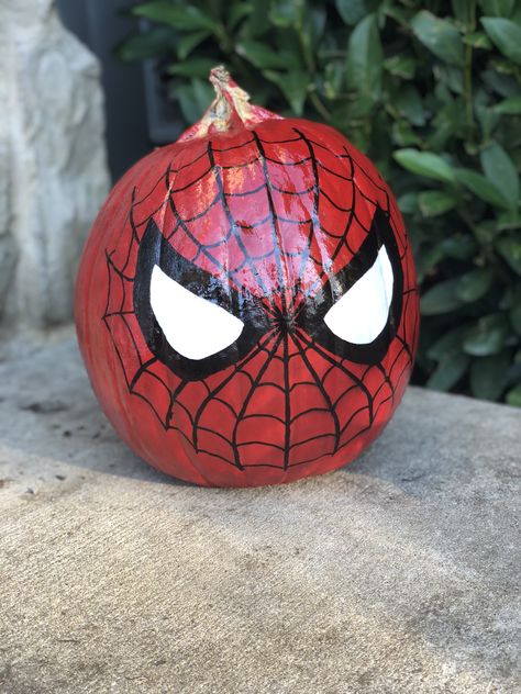 Spiderman Painted Pumpkin, Pumpkin Painting Ideas Spiderman, Pumpkin Decorating Contest 2023, Superhero Pumpkin, Miles Morales Pumpkin Painting, Spider Man Pumpkin, Pumpkin Painting Ideas Boys, Spider Man Pumpkin Painting, Small Pumpkin Painting Ideas Creative