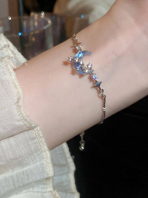 Rhinestone Moon & Star Decor Bracelet | SHEIN Dragon Goddess, Ethereal Jewelry, Star Decor, Goddess Jewelry, Moon Bracelet, Bridesmaid Gifts Jewelry, Star Decorations, Star Bracelet, Silver Moon