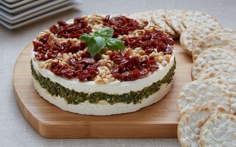 Pesto Torte, Sundried Tomato Pesto, Cold Dips, Fancy Appetizers, Sugar Cookie Bars, Tomato Pesto, Food Appetizers, Toasted Pine Nuts, Culinary Herbs