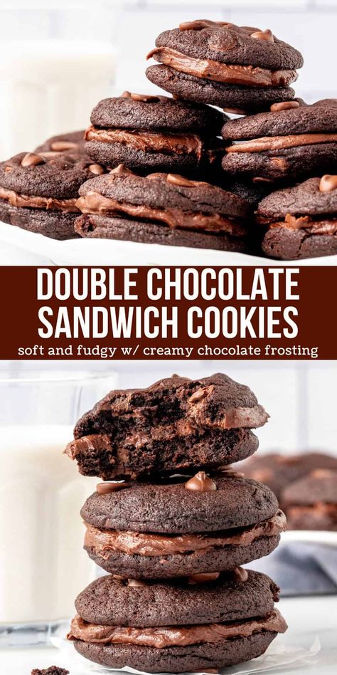 These double chocolate sandwich cookies are for true chocolate lovers only. Rich and fudgy chocolate cookies sandwiched with creamy chocolate frosting - get your milk ready! #cookies #chocolate #doublechocolate #sandwichcookies #frosting #recipe from Just So Tasty Sandwich Cookie Recipes, Chocolate Cookie Sandwich, Chocolate Chip Sandwich Cookies, 100 Cookies Recipe, Health Dessert Recipes, Creamy Chocolate Frosting, Crumble Cookie, Baking Inspiration, Double Chocolate Cookies