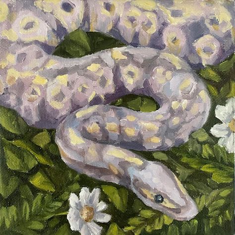 Cute Snake Painting, Snake Oil Painting, Paintings To Do, Snake Paintings, Snake In Flowers, Painted Snake, Snake Painting, Animal Paintings Acrylic, Oil Pastel Art