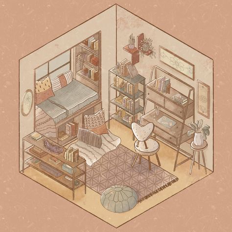 Cozy Isometric Study | Skillshare Projects Isometric Room Illustration Aesthetic, Isometric Bedroom Illustration, Draw Room Ideas, Cozy Isometric Room, Isometric Room Procreate, Drawings Of Bedrooms, Procreate Room Drawing, Bedroom Drawing Illustrations, Dream Room Drawing