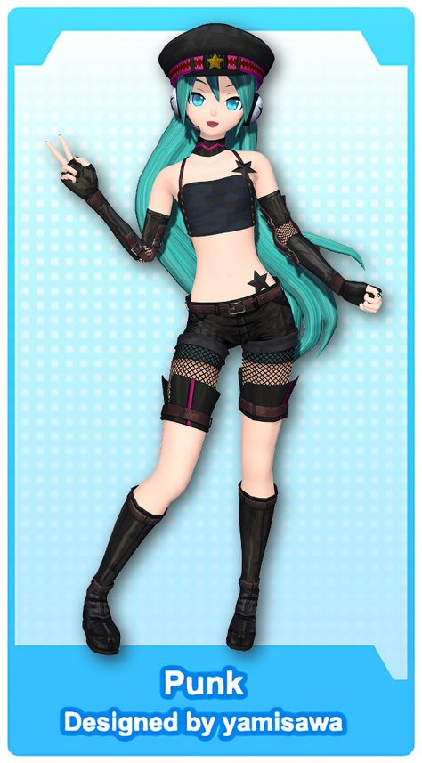 Hatsune Miku All Outfits, Hatsune Miku Different Outfits, Miku Outfit Design, Miku Inspired Outfits, Punk Hatsune Miku, Hatsune Miku Modules, Vocaloid Modules Project Diva, Hatsune Miku Outfit Design, Miku Expo Outfit