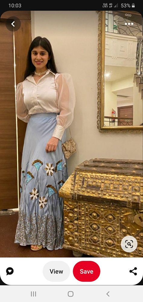 Chaniya With Shirt, Satin Shirt And Skirt Indian Outfit, Puffed Sleeve Shirt Outfit, Puffed Hands Blouse, White Shirt With Lehenga, Organza Sleeves Style Blouse, Shirt Skirt Outfit Indian, Satin Shirt With Lehenga, Skirt Top Designs For Women