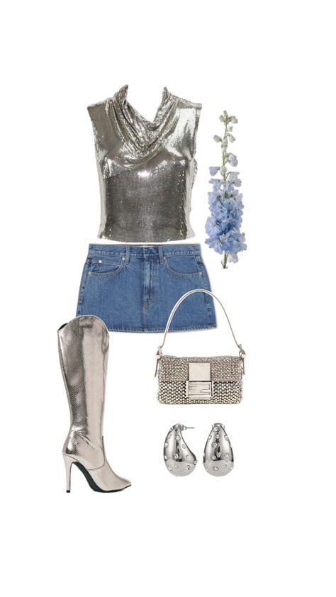 Western inspired outfit drinks dinner clubbing doing out inspiration Beyoncé silver denim blue jeans Western Inspired Outfits, Silver Outfit, Silver Outfits, Dinner Club, Denim And Diamonds, Club Outfit, Denim Blue Jeans, Club Outfits, Denim Blue