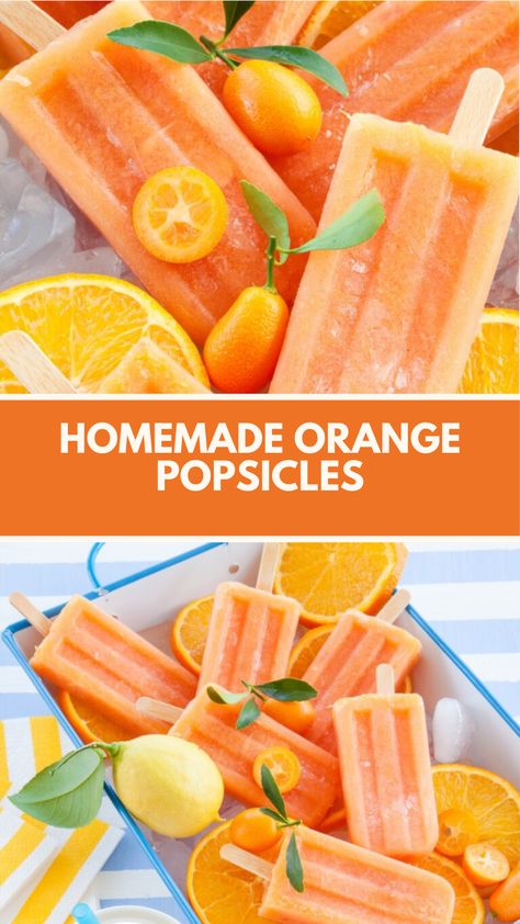 Homemade Orange Popsicles recipe made of fresh orange juice, zest, and a touch of sweetness creates a refreshing treat. This easy recipe serves about 6 and takes approximately 15 minutes to prepare, plus freezing time for a delightful summer snack. Orange Juice Popsicles, Orange Popsicle Recipes, Orange Popsicles Recipe, Orange Recipes Easy, Fudgesicle Recipe, Orange Popsicles, Fruit Popsicle Recipes, Frozen Treats Recipes, Popsicles Recipe