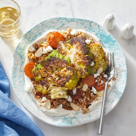 Recipe: Roasted Cauliflower & Farro Salad with Tahini-Yogurt Sauce - Blue Apron Romanesco Cauliflower, Blue Apron Recipes, Creamy Yogurt, Vegetarian Dish, Farro Salad, Grain Salad, Cooked Carrots, Blue Apron, Artisan Cheese