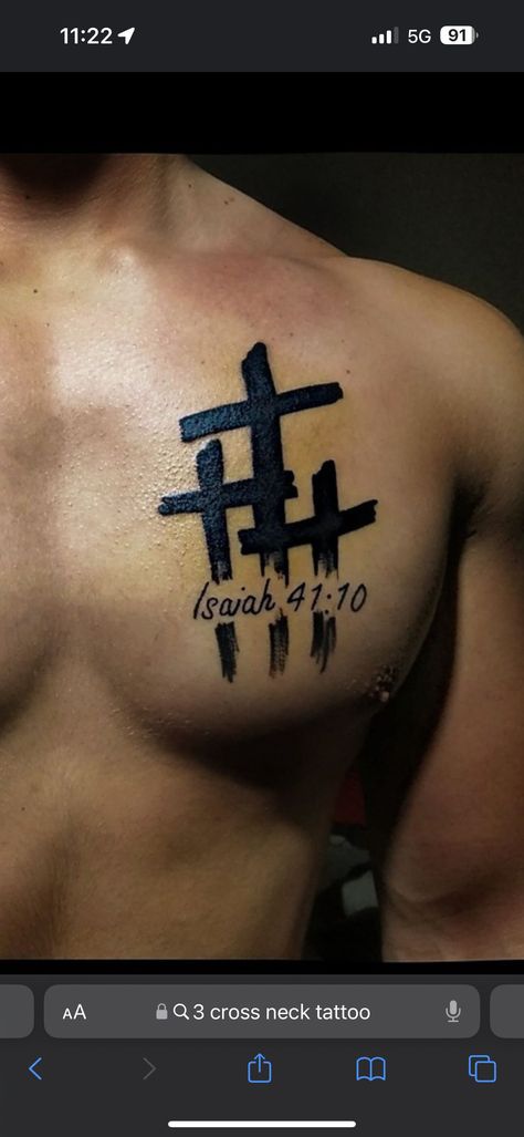 Bible Tattoos For Men Chest, Christian Tattoos For Men Chest, Christian Chest Tattoo, Cross Neck Tattoo Men, Peck Tattoos For Men, Three Crosses Tattoo, Cross Tattoo Neck, Tricep Tattoos, Catholic Tattoos