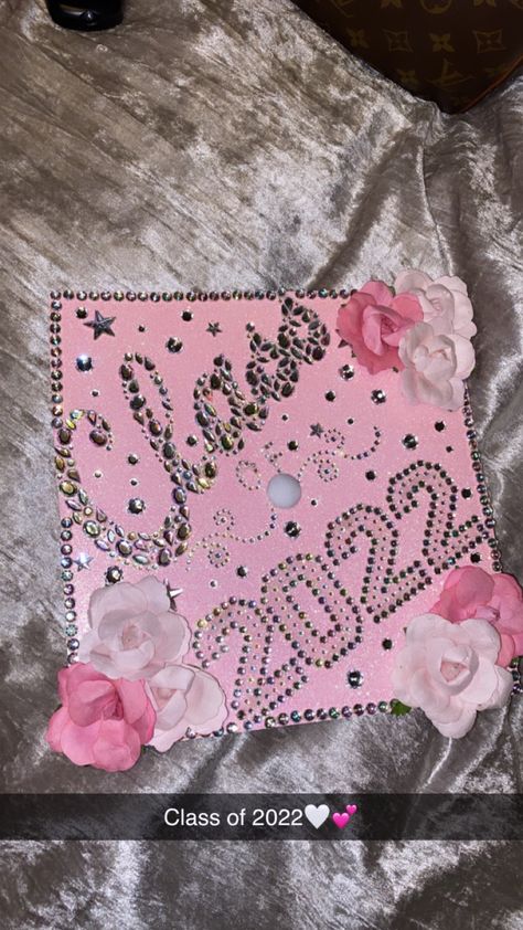 Graduation Cap Class Of 2023, Grad Cap Ideas Baddie, Sparkly Cap For Graduation, Pink Rhinestone Grad Cap, Sharply Evans Graduation Cap, Pink Decorated Graduation Caps, Pink Cap For Graduation, Boujee Graduation Cap, Class Of 2023 Cap Ideas