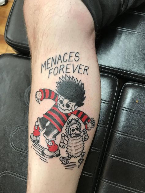 Dennis the Menace by Shawn Dougherty @ Meow Meow Wilmington NC #tattoos #tattoo #beauty Dennis The Menace Tattoo, Menace Tattoo, Menace Aesthetic, Dad Tattoo, Trending Tattoos, Prison Tattoos, Dennis The Menace, Dad Tattoos, R Tattoo