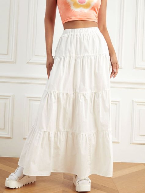 Free Returns ✓ Free Shipping On Orders $49+ ✓. SHEIN Elastic Waist Ruffle Hem Skirt- Women Skirts at SHEIN. White Flowy Skirt, White Skirt Summer, Looks Hippie, White Skirt Outfits, Rok Outfit, White Long Skirt, Ruffle Hem Skirt, White Maxi Skirts, Maxi Skirt Outfits