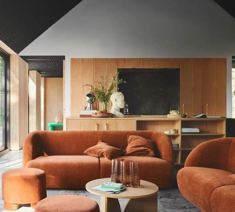 Amber Sofa Living Room, Terracota Sofa Living Room Ideas, Rust Orange Sofa, Colorful Living Room Grey Couch, Rust Sofa Living Room, Rust Couch Living Room Ideas, Rust Couch, Orange Couch Living Room, Colorful Sofas