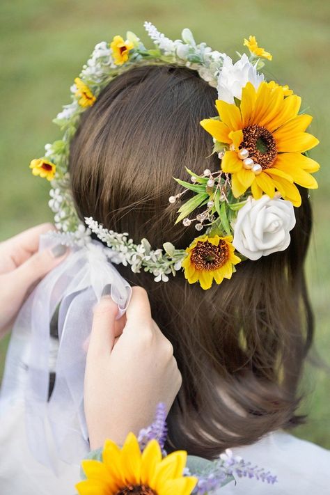 Flower Crown For Flower Girl, Natural Flower Crown, Head Peice, Midsummer Nights Dream Wedding, Sunflower Headband, Wedding Flowers Sunflowers, Handmade Bouquet, Sunflower Themed Wedding, Flower Girl Bouquet