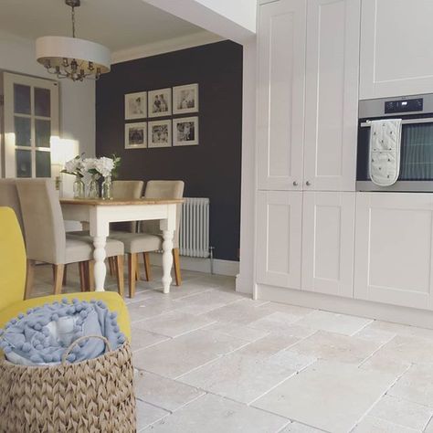 Libbi Williams on Instagram: “All tidied up after the whirlwind toddler this morning... How does she manage to make so much mess in the 45mins from getting up to leaving…” Feature Wall Kitchen Diner, Downpipe Kitchen, Feature Wall In Kitchen, Feature Wall Kitchen, Farrow Ball Downpipe, Country Kitchen Diner, Floors Of Stone, Eye Level Ovens, Half Painted Walls