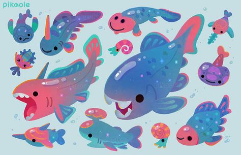 pikaole - Professional, Digital Artist | DeviantArt Sea Creatures Art, Baby Print Art, Cute Fish, Cute Animal Drawings Kawaii, Colorful Animals, Baby Art, Cute Animal Drawings, Fish Art, Creature Design