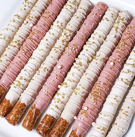 baby shower, gender reveal, graduation Strawberry Dipped Pretzels, Pretzel Rods Dipped Wedding, Chocolate Strawberries And Pretzels, Pretzel Dip In Chocolate, Pink And Gold Chocolate Covered Pretzels, Birthday Pretzel Treats, Wedding Pretzels Rods, Pretzel Sticks Dipped In Chocolate Pink, Pink White And Gold Chocolate Covered Pretzels