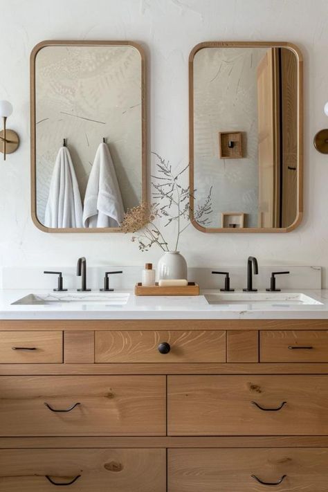 Double Vanity Bathroom Mirror Ideas I Love How To Style A Double Sink Vanity, Double Vanity Double Mirror, 2 Sink Bathroom Ideas Small Spaces, Bathroom Remodel Dual Sink, Bathroom Ideas With Double Vanity, Double Vanity Round Mirrors, Mirror Over 60 Inch Vanity, Double Bathroom Mirror Ideas, Lighting For Double Sink Vanity