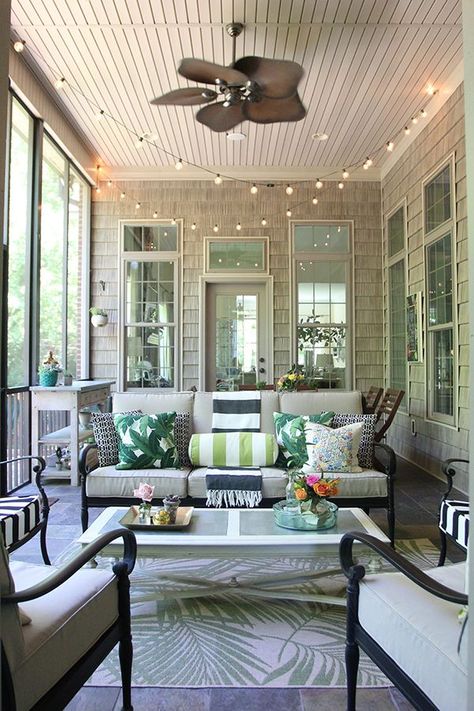 Summer Screened Porch Decor | Less Than Perfect Life of Bliss | home, diy, travel, parties, family, faith Screened Porch Decorating, Screened Porch Designs, Summer Porch Decor, Sunroom Decorating, Building A Porch, Enclosed Porches, Patio String Lights, Summer Porch, Porch Furniture