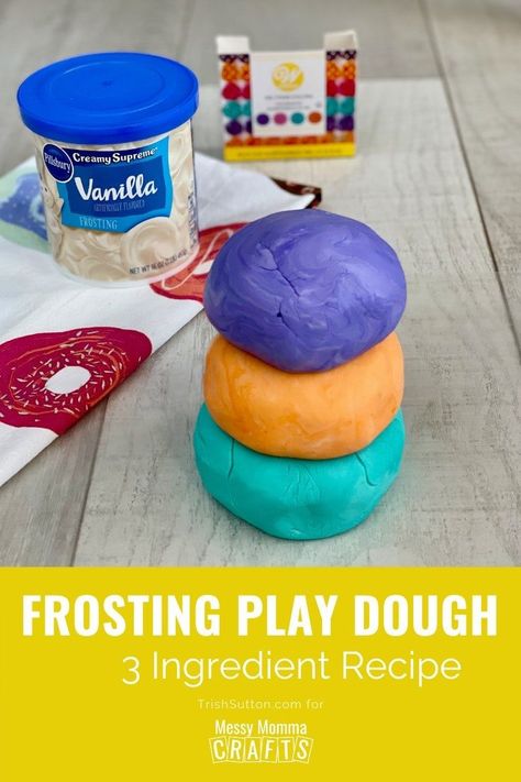 Edible play dough is fun and safe for toddlers, preschoolers, and kids of all ages! This easy recipe makes a fun kids’ activity for hands-on creative fun that’s tasty too. Learn how to make 3-ingredient edible play dough with items from your kitchen pantry at Messy Momma Crafts. #MessyMommaCrafts 3 Ingredient Frosting, Edible Play Dough, Edible Play Dough Recipe, Edible Playdough, 3 Ingredient Recipes, Edible Crafts, Dough Recipes, Playdough Recipe, Edible Cookie Dough