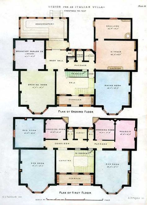 Italian Villa Floorplans Architectural engraving c1850 Italian Style Architecture, Italian Farmhouse Floor Plan, Italian Villa Blueprint, Vintage Mansion Floor Plan, Italy House Italian Villa Interior, Mediterranean Architecture Italian Villa, Small Italian Villa Floor Plans, Italian Style House Plans, Italian Home Layout