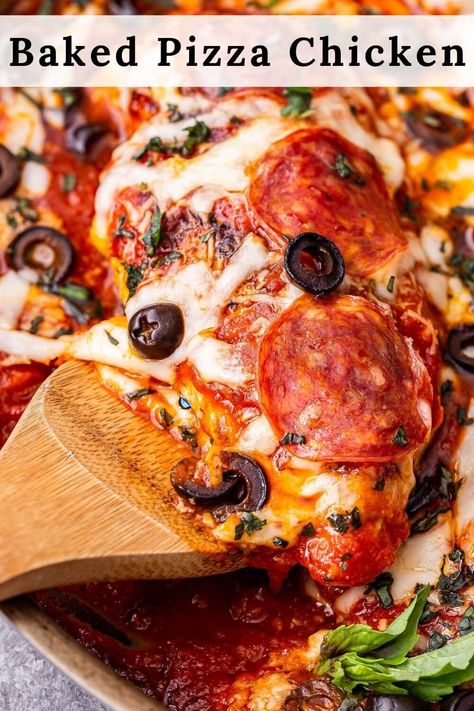 One Pan Pizza Chicken Bake, Pizza Chicken Breast, Chicken Breast Pizza, Pizza Topped Chicken, Pizza Chicken Bake, Chicken Pizza Recipe, Pepperoni Chicken, Crustless Pizza, Baked Pizza