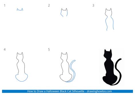 How to Draw a Halloween Black Cat Silhouette - Step by Step Easy Drawing Guides - Drawing Howtos Halloween Cat Drawing Easy, How To Draw A Black Cat, Black Cat Silhouette Halloween, Black Cat Painting Easy, Black Cat Drawing Simple, Haunted Paintings, Bujo Themes, Draw Cat, Black Cat Drawing