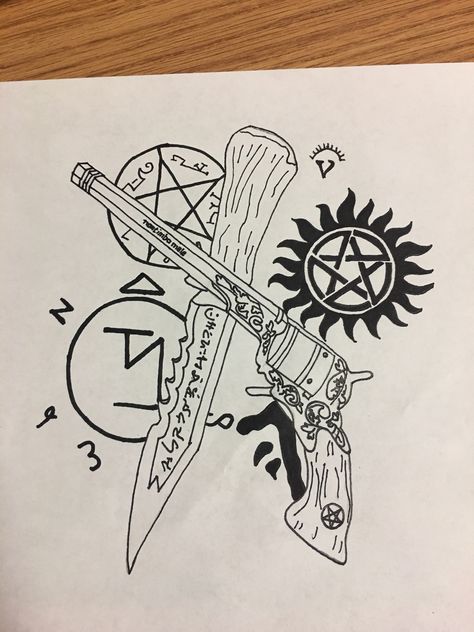 Supernatural tattoo drawing. Winchester Tattoo, Supernatural Doodles Easy, Tattoo Ideas Supernatural, Castiel Tattoo, Supernatural Tv Show Tattoos, Supernatural Artwork, Supernatural Painting Ideas, Drawing Ideas Supernatural, Supernatural Tattoos