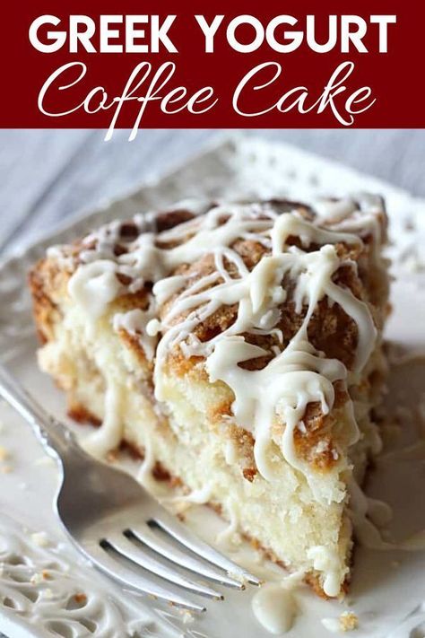 This is a moist and delicious coffee cake recipe made with Greek yogurt. It’s sprinkled with a crumbly streusel topping than drizzled with a sweet vanilla glaze. Makes a perfect sweet treat in the morning or anytime! #greekyogurt #coffeecake Greek Yogurt Coffee Cake, Yogurt Coffee Cake, Yogurt Coffee, Greek Yogurt Recipes, Torte Cupcake, Vanilla Glaze, Oreo Dessert, Delicious Coffee, Coffee Cake Recipes