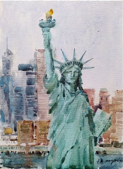 Statue Of Liberty Watercolor, New York Watercolor Painting, Statue Of Liberty Painting, Statue Of Liberty Art, Liberty Wallpaper, Nyc Watercolor, New York Watercolor, Liberty Statue, New York Statue