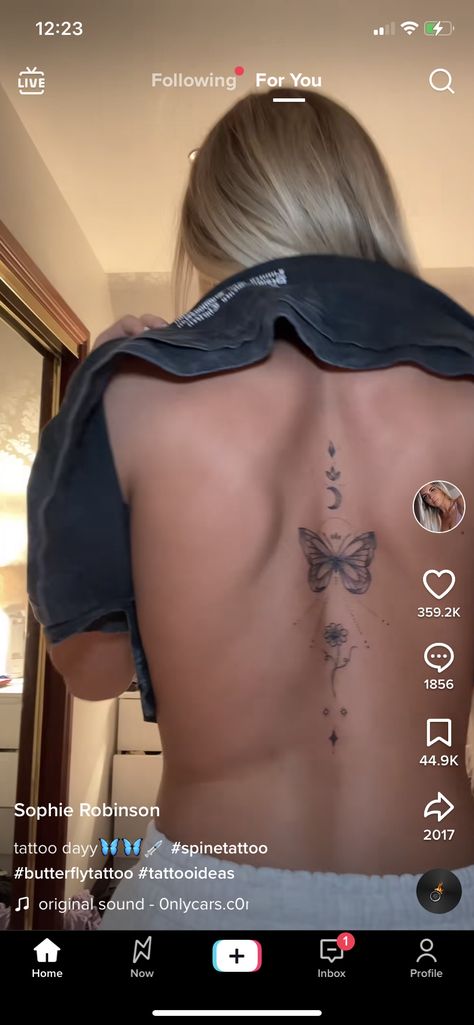 Butterfly Tattoo Down The Spine, Butterfly Spine Tattoo With Quote, Butterfly Tattoo On Spine, Patch Work Women Tattoo, Spine Tattoos Butterfly, Patch Work Tattoo Ideas Women, Patch Tattoo Ideas Women, Spine Tattoos Butterflies, Spine Tattoos For Women Butterflies