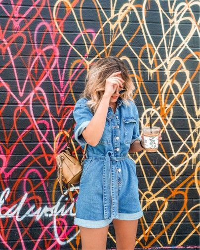 Iced coffee break in my Topshop denim romper 👏🏻✌🏻 I’m beyond obsessed with the boiler suit spring trend - even if I can’t really pull it off. This denim jumpsuit is the perfect medium for that utility boiler suit trend and a cute spring summer playsuit. The tie waist is also super flattering. I’ve got this in a U.K. size 10 and paired with white trainers OR espadrilles. http://liketk.it/2B0be   #liketkit @liketoknow.it @liketoknow.it.europe #LTKspring #LTKunder100 #LTKeurope #LTKstyletip #boi Denim Playsuit Outfit, Denim Playsuit, Classic Outfit, Summer Playsuit, Boiler Suit, Weather Wear, Denim Romper, Short Styles, Cute Spring